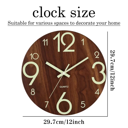 12 Inch Luminous Wall Clock Wood Silent light in dark night Nordic Fashion Wall Clock Non Ticking Clock With Night Light - Image 8